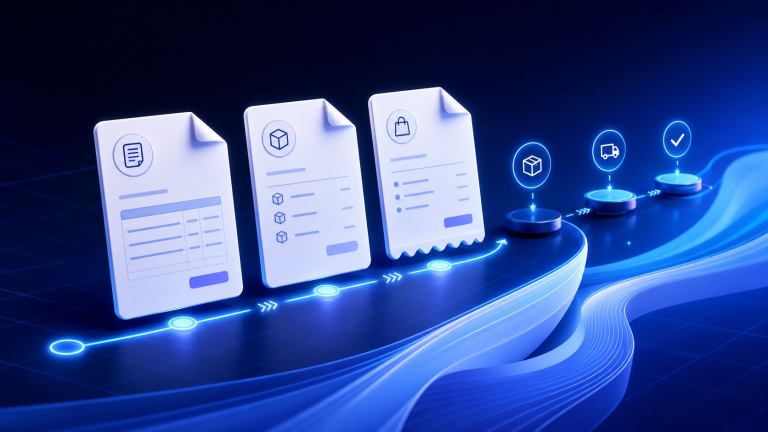 Invoice, packing slip, and receipt moving through an organized fulfillment workflow