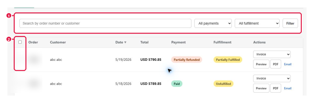 Order filters and selection checkbox for a bulk job