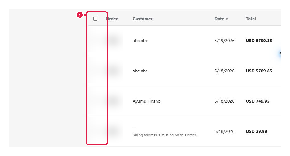 Complete checkbox column and selected-order context