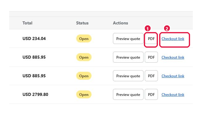 PDF and Checkout link actions for a draft order