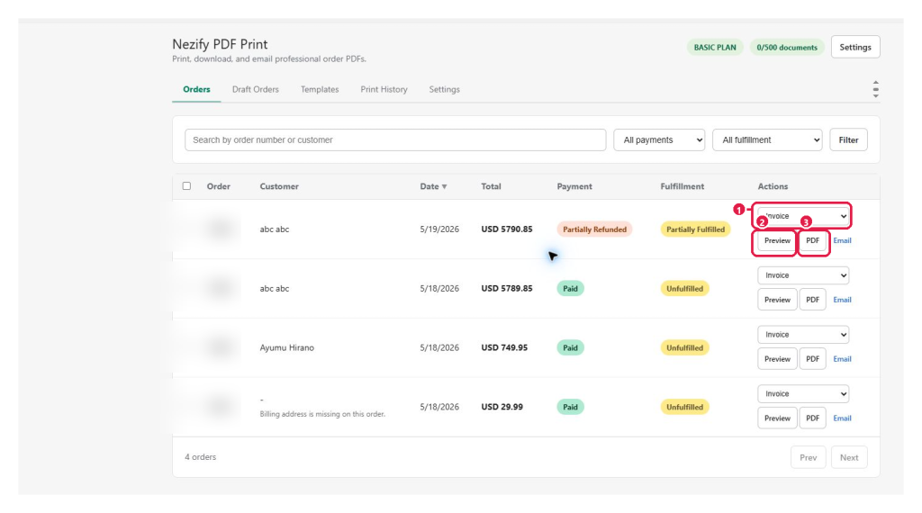 Complete Orders workspace with Preview and PDF actions