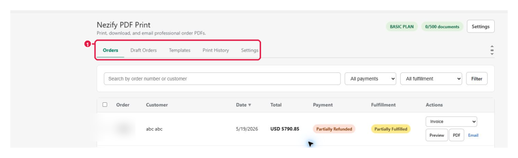Main app navigation and Orders workspace