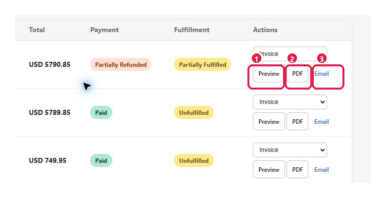 Preview, PDF, and Email controls with status context