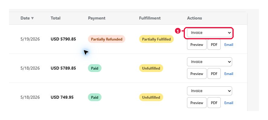 Invoice selector with full order status context