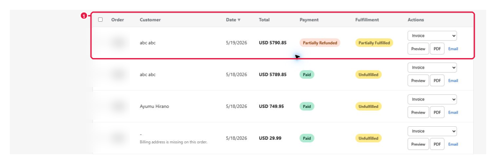 Complete order row with identity, status, and actions