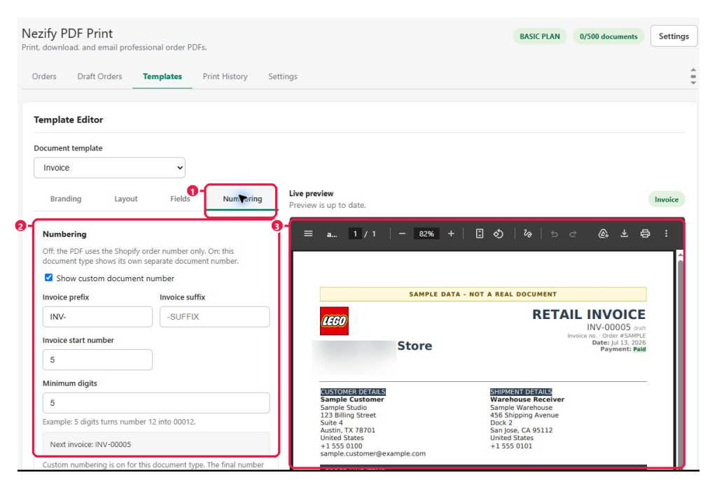 Numbering controls beside a complete live invoice preview