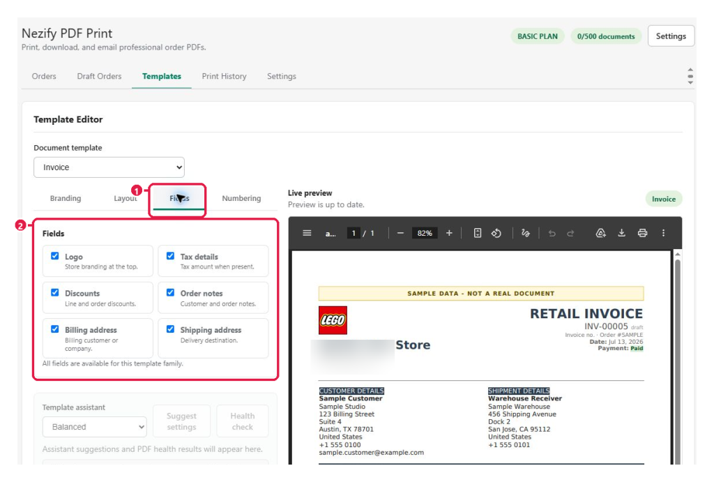 Fields tab with available PDF content controls